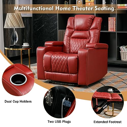 ANJ Power Home Theater Seating, PU Leather Electric Recliner Chair with Powered Headrest, Dual Motors Movie Reclining Chairs with LED Lights,USB Port, Cup Holders, Hidden Arm Storage (Brown)