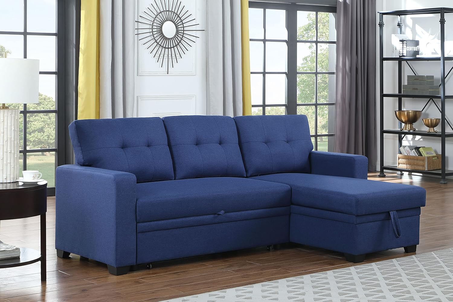 Devion Furniture L-Shape Linen Sleeper Sectional Sofa for Living Room, Home Furniture, Apartment, Dorm Sofabed, Blue
