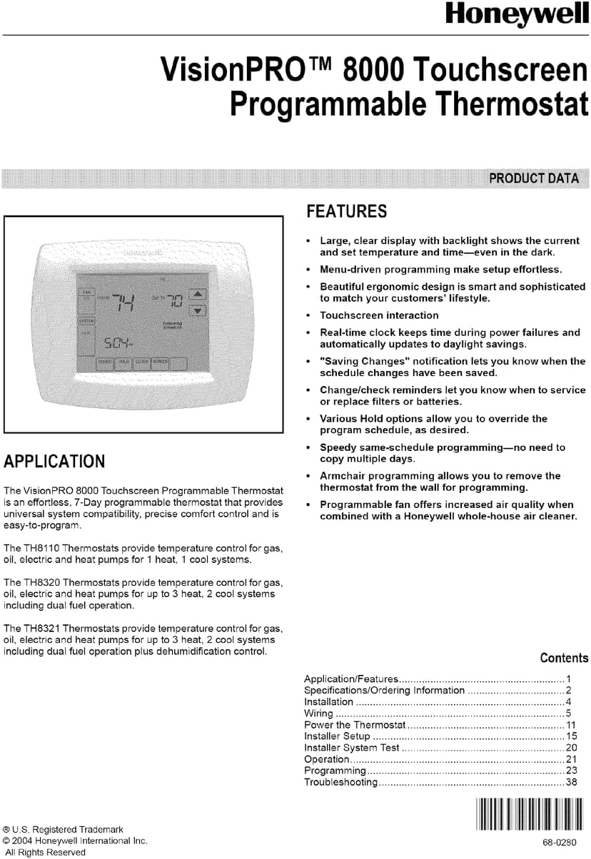 Honeywell TH8110U1003 Vision Pro 8000 Digital Thermostat