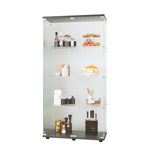 Henf Glass Display Cabinet with 4 Shelves,Modern Curio Cabinets with Glass Door & Lock,Floor Standing Storage Collection Display Case for Living Room Bedroom Office,16.7" W x 14.3" D x 64.7" H,White