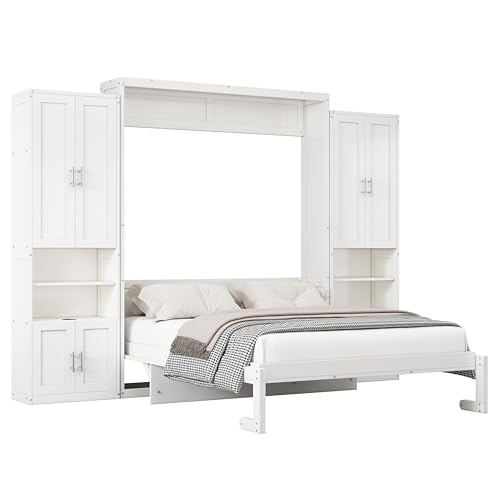 Queen Size Murphy Bed Wall Bed with 2 Side Cabinet Storage Shelf & Desk Combo,68-inch Vertical Wall Bedframe w/Can Be Folded for Bedroom Guest Room Small Space, White
