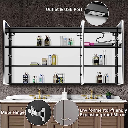 Medicine Cabinets for Bathroom with Mirror, 48”W x 30”H Wall Mounted LED Medicine Cabinet Mirror with Defogger, Dimmer, Outlets & USB, Double Doors
