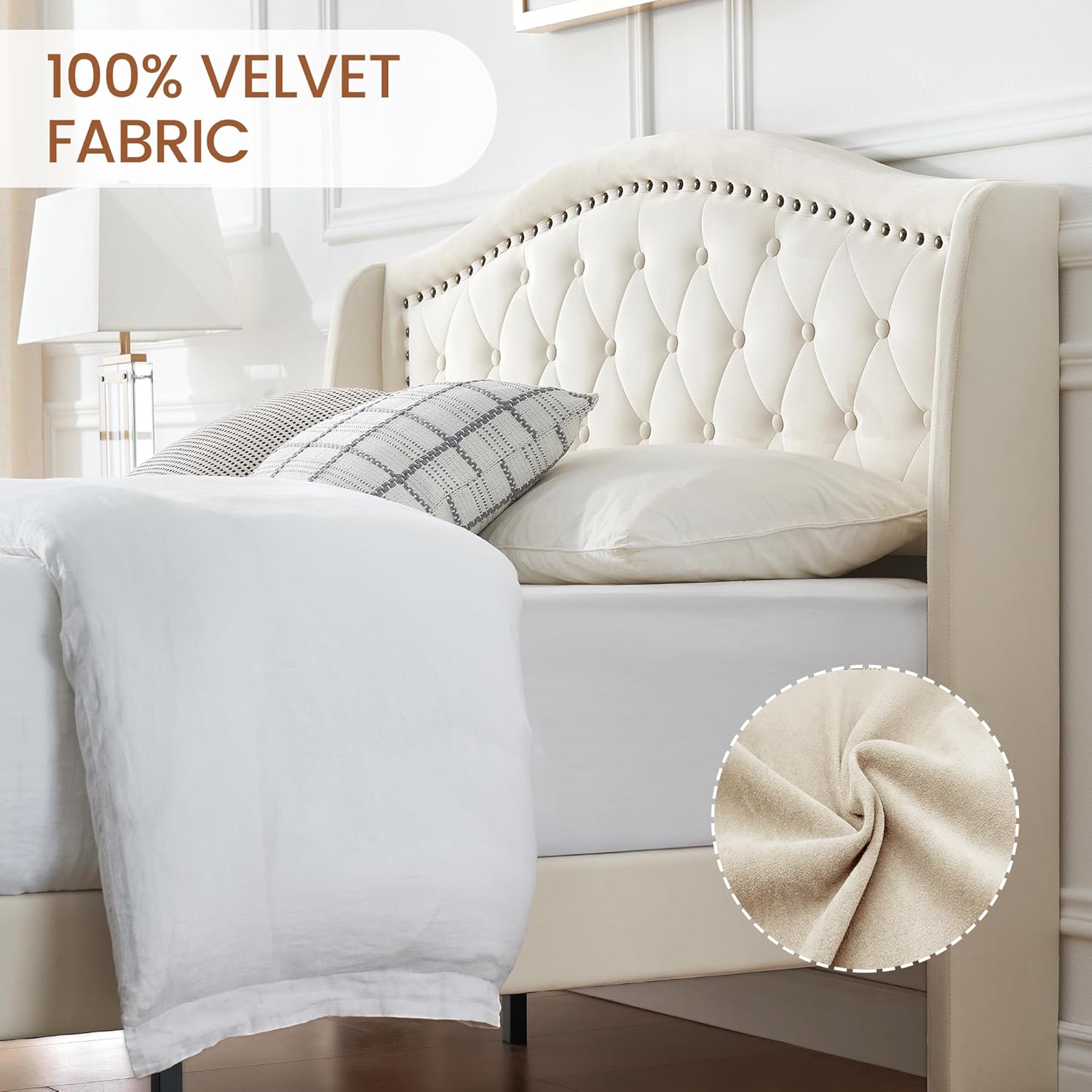 GAOMON Queen Size Upholstered Platform Bed Frame with Tall Headboard, Luxurious Velvet Button Tufted and Nailhead Trim Wingback, Arched Footboard, No Box Spring Needed, Beige