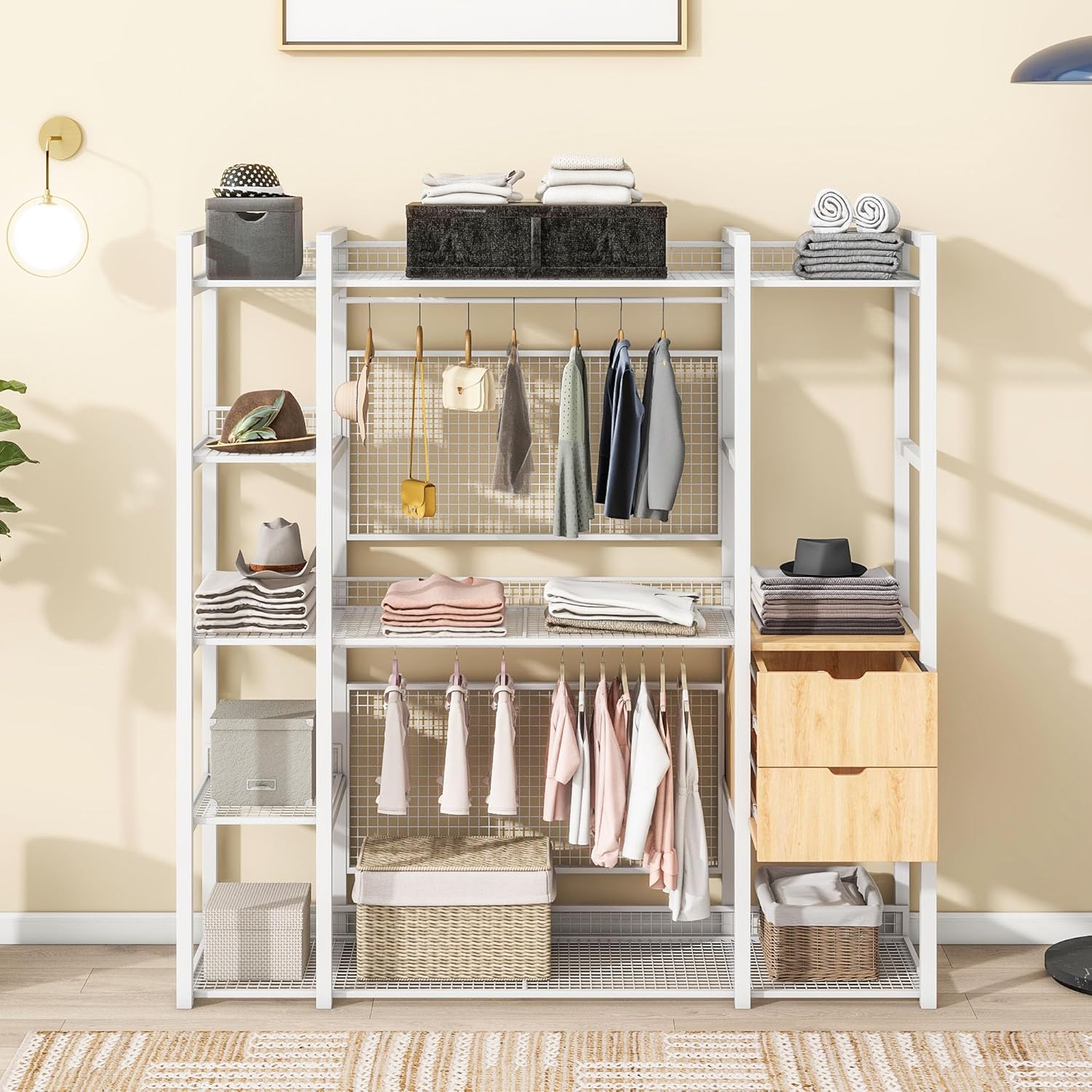 Open-Style Wardrobe with Hanging Rails, Shelves and 2 Drawers, Wardrobe Freestanding Closet Organizer, Industrial Wardrobe Clothes Rack, Metal Storage Wardrobe for Bedroom, Space-Saving