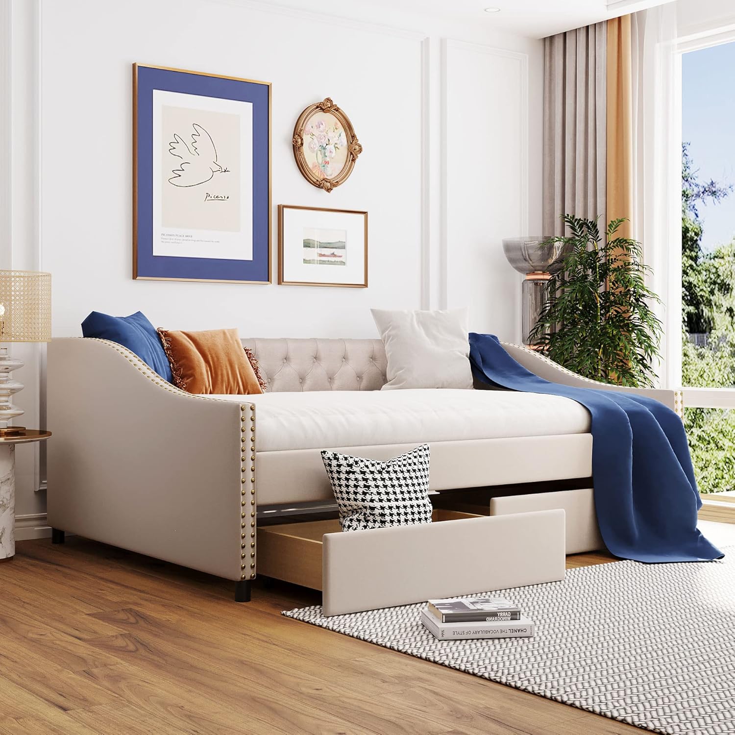 Full Upholstered Daybed Frame with Storage Drawers, Full Size Sofa Bed for Bedroom Living Room Guest Room, Wood Slat Support, Beige