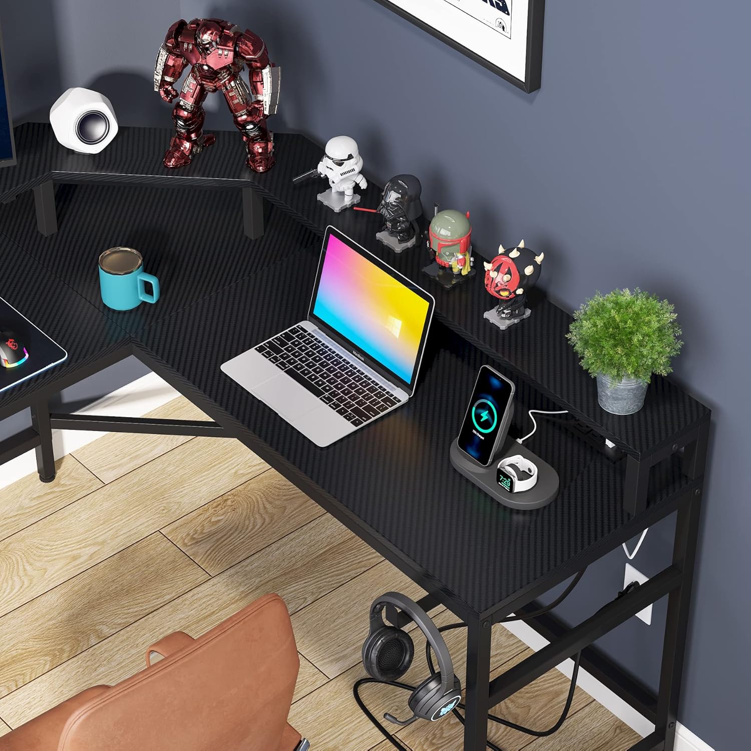 L Shaped Gaming Desk: Computer Desk with Power Outlet & LED Stripe, Modern Coner L Desk with Storage Shelves for Home Office - Black