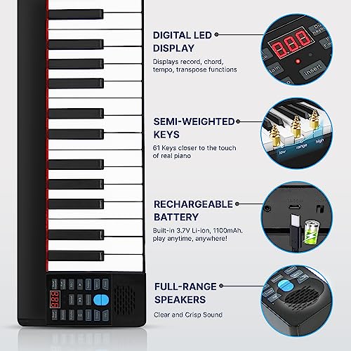 Pyle Electric Keyboard Piano 88 Keys - Portable Foldable Digital Piano Keyboard With Bluetooth, 128 Rhythms/Tones,Semi weighted keys, Sustain Pedal, Piano Bag - for Beginners, Kids,Adult -PKBRD8100