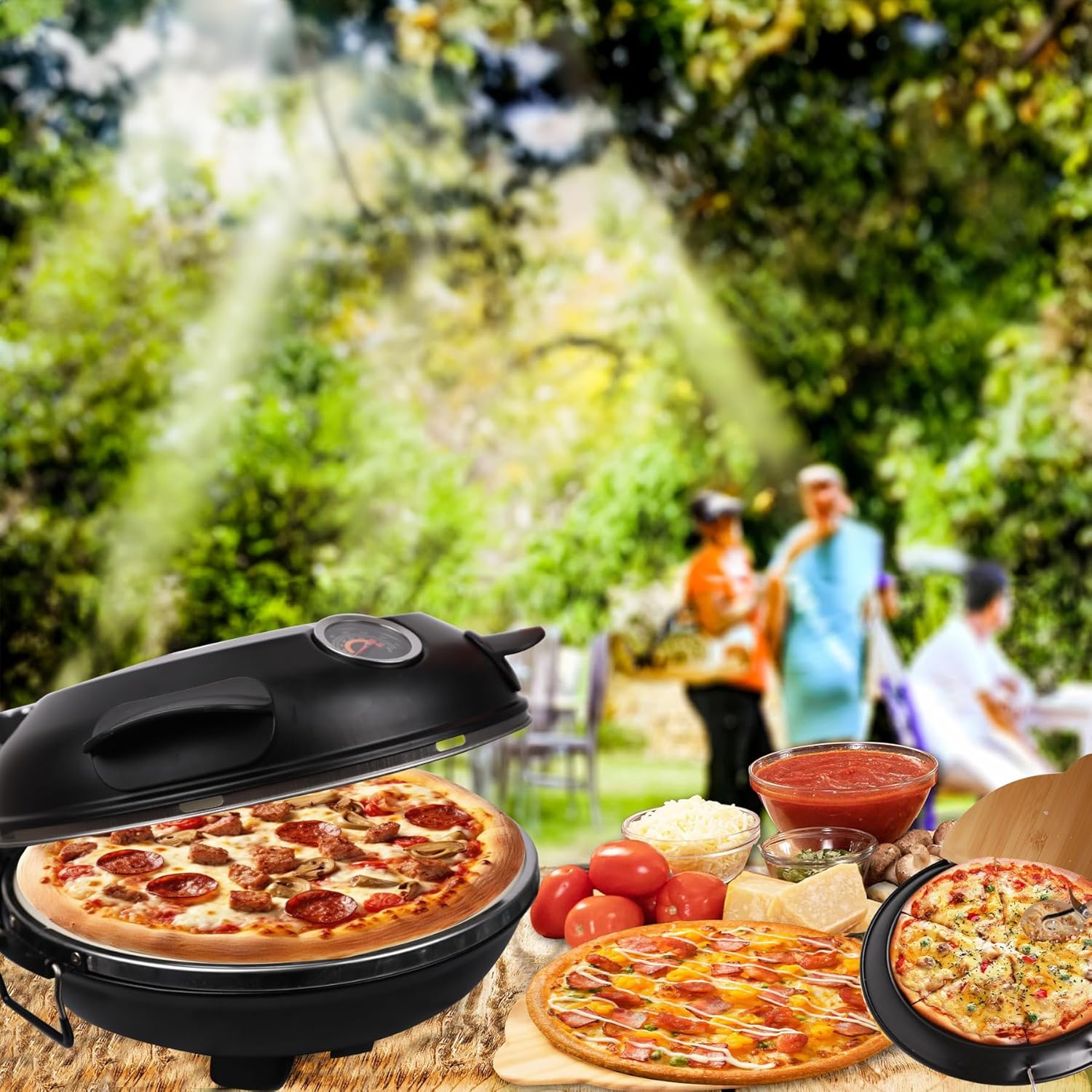 Electric Pizza Oven Indoor 12 Inch Countertop Pizza Oven Electric Pizza Oven Indoor Portable Pizza Cooker with Viewing Window, Timers, Check Pizza Cooking At Any Time, BLACK