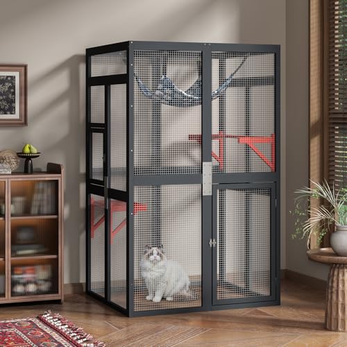 Catio Outdoor Cat Enclosure, Wooden Catio with Window Access for Patio, Indooe Kitty House (Black)
