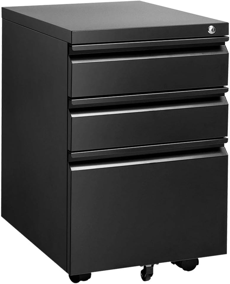 INVIE 3 Drawer File Cabinet with Lock, Metal Vertical Filing Cabinet Under Desk for Legal Letter File Anti-tilt Design Office Rolling File Cabinet(White A)��