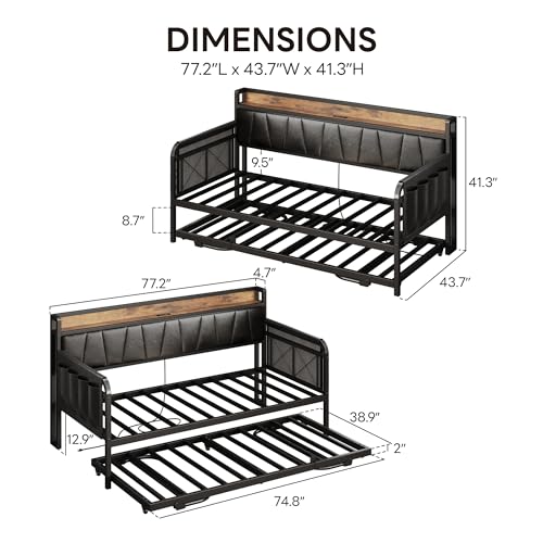 LIKIMIO Daybed with Trundle Bed, Twin Bed Frame with Storage Headboard and Charging Station, Sofa Day Bed with Strong Supports for Living Room, Bedroom, and Guest Room, Grey