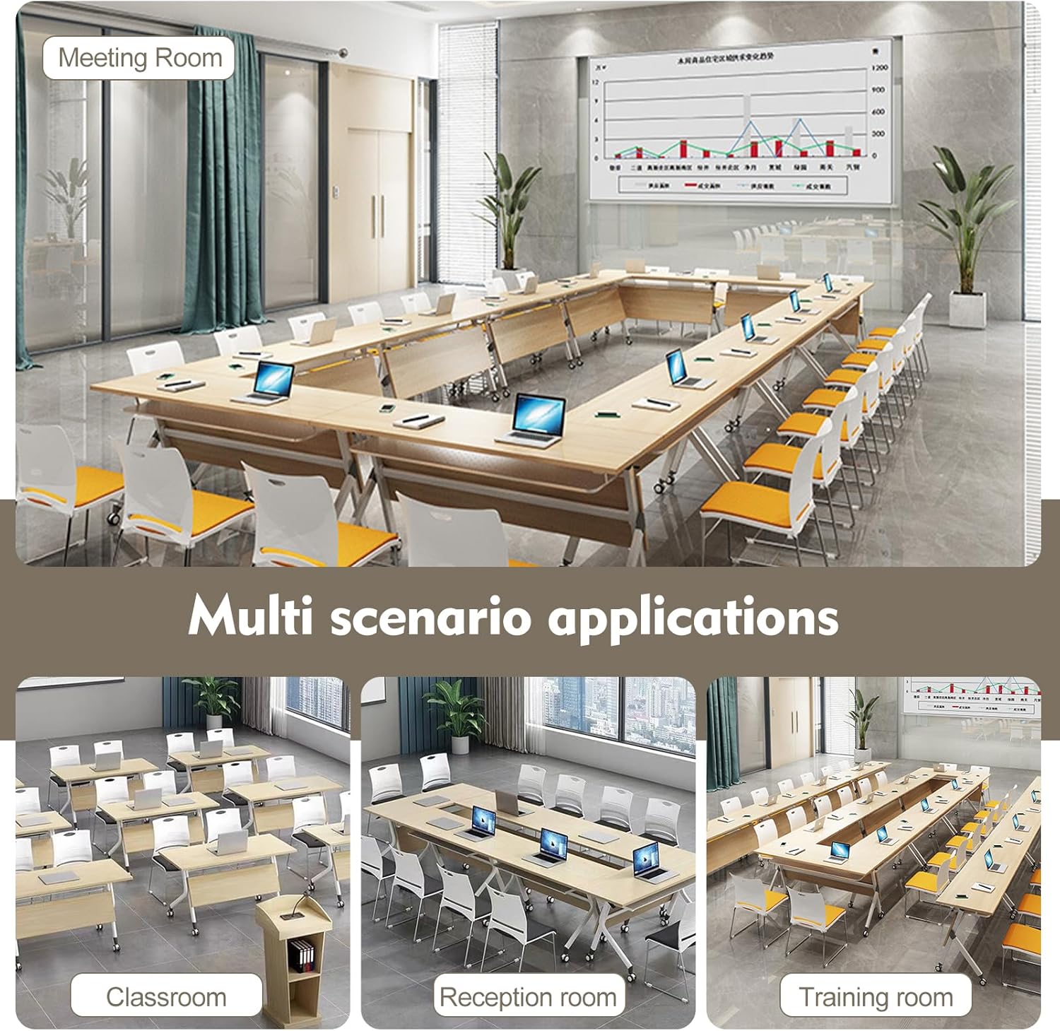 6-Pack Folding Conference Table,Modern Office Conference Room Table, Mobile Flip Top Training Tables with Caster Wheels,Foldable Meeting Table for Office,Meeting Room,Class