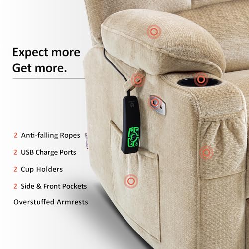 MCombo Large Dual Motor Power Lift Recliner Chair for Elderly, Massage and Heat, Lay Flat, Zero Gravity, Home Button, USB Port, Fabric 7680 (Large, Beige)
