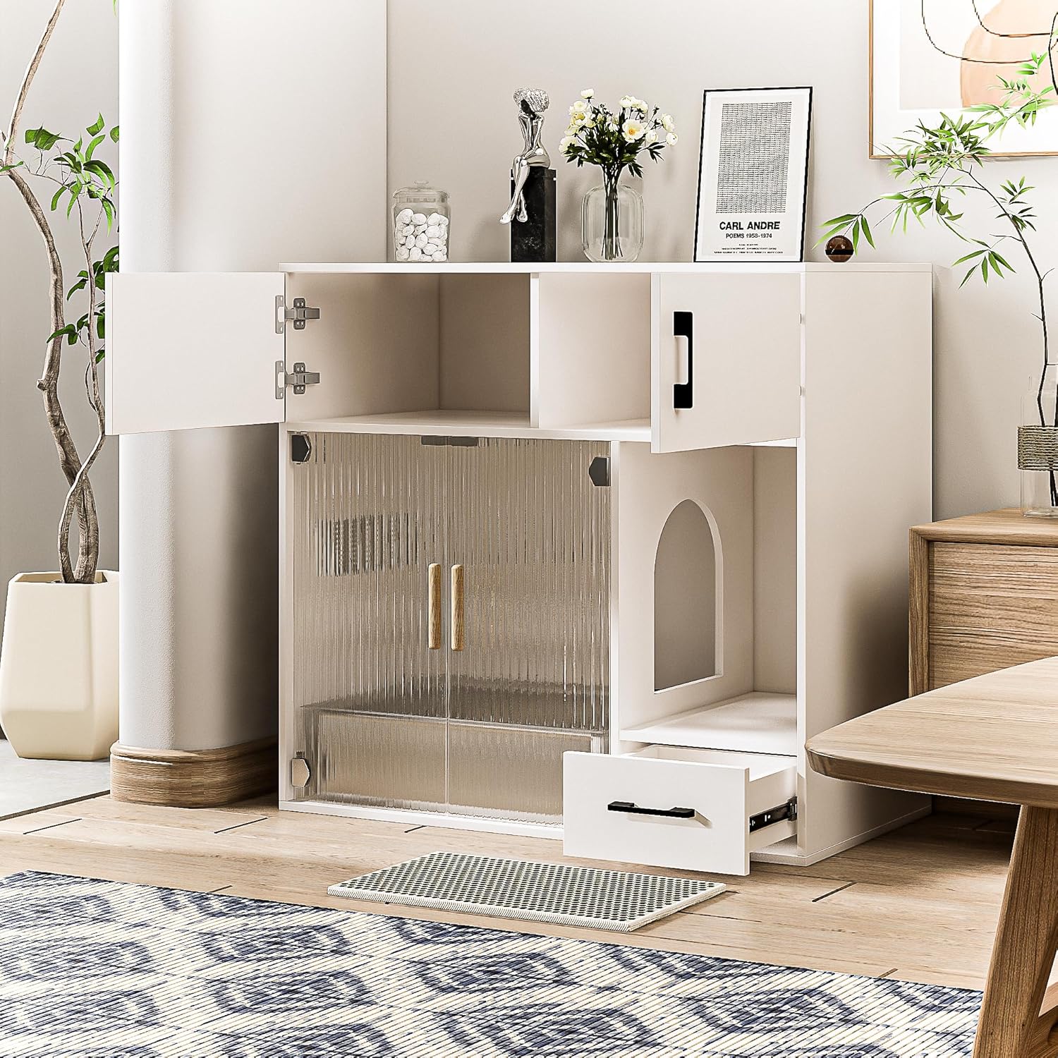 Cat Litter Box Enclosure Furniture Style White Cat Cabinet Side Table with Storage Space for Living Room, 37.4'' x 19.7'' x 35.4''