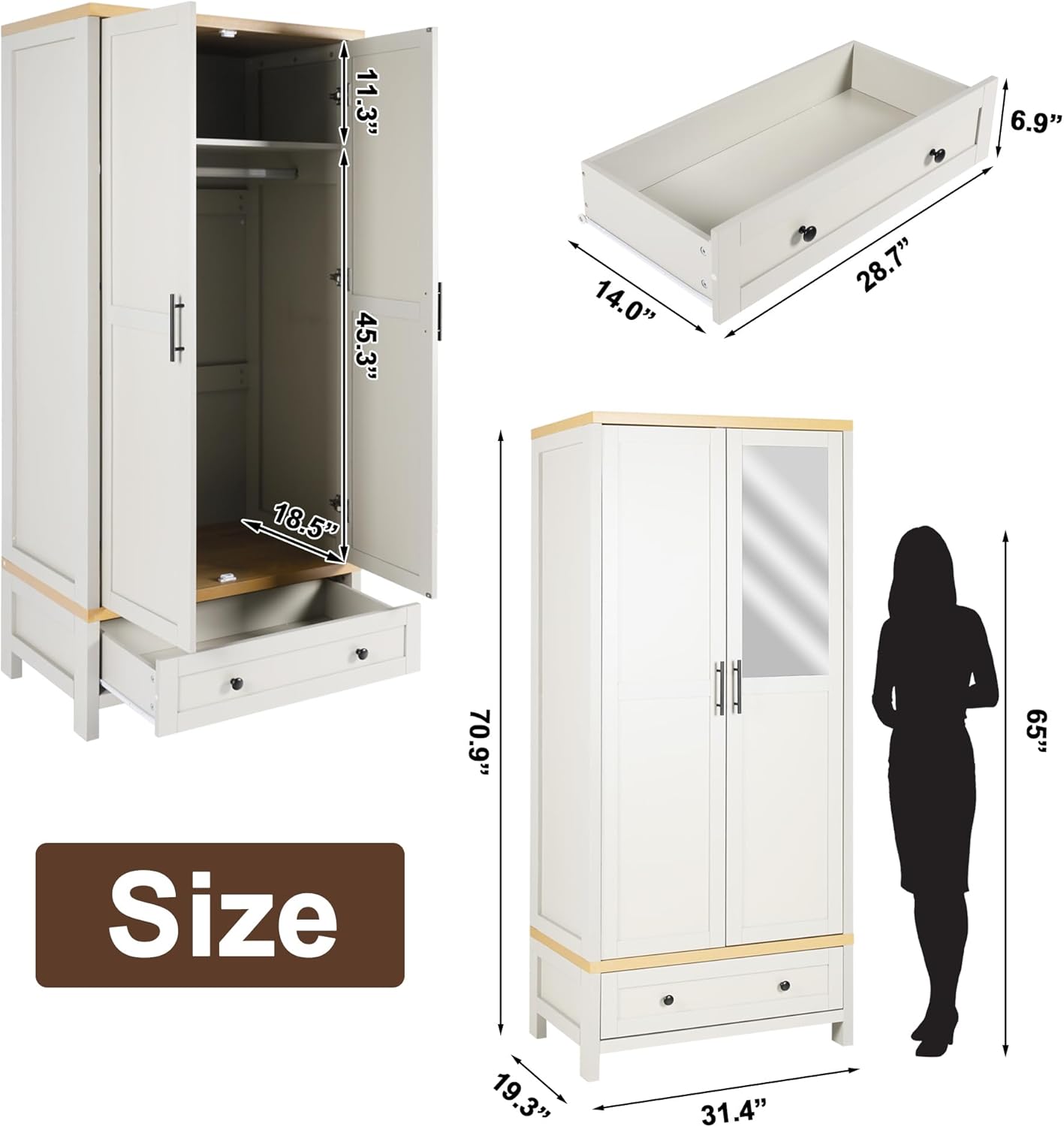 YIGOBUY Armoire Wardrobe Closet with Doors Bedroom Wooden Closet Cabinet with Drawers,Mirror, Shelves, Hanging, Tall Wood Standing Clothes Organizer for Hanging Clothes Armario de Almacenamiento