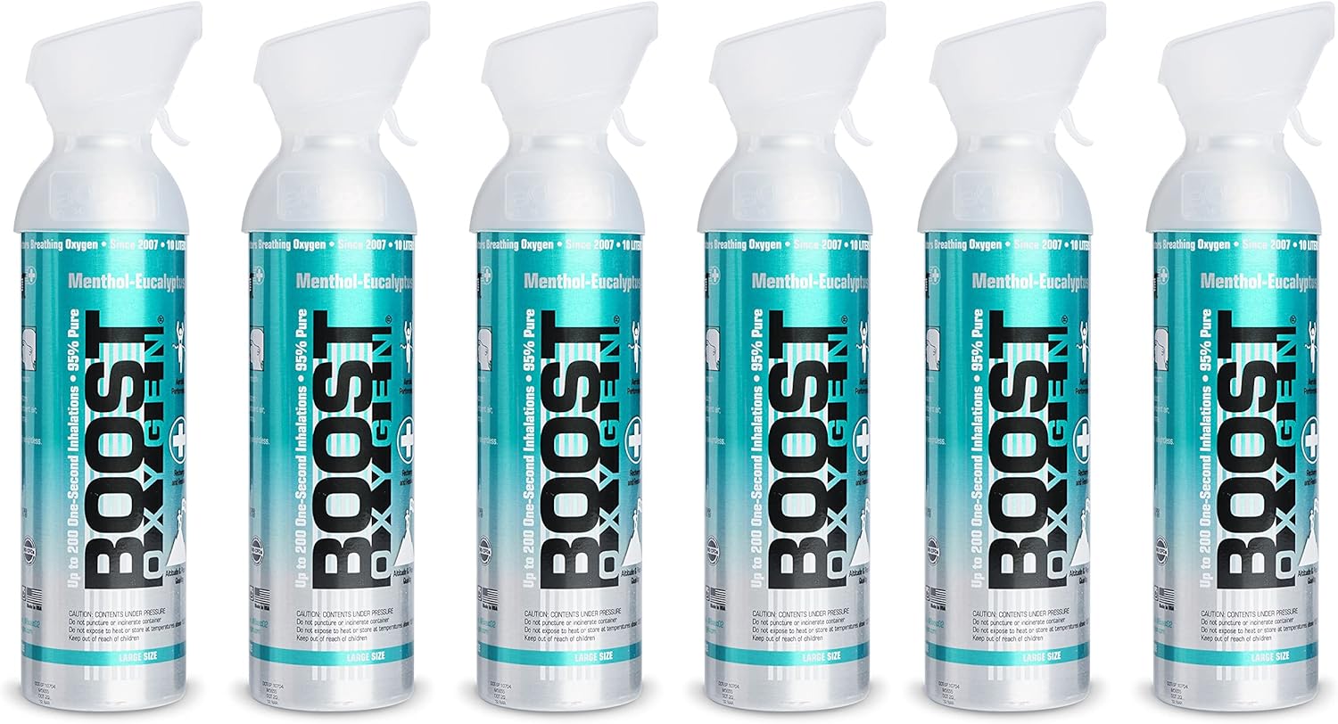 6 Pack Large 10-Liter Boost Oxygen Portable Pure Canned Natural Oxygen Canister Bottle for High Altitudes, Athletes, and More, Menthol Eucalyptus