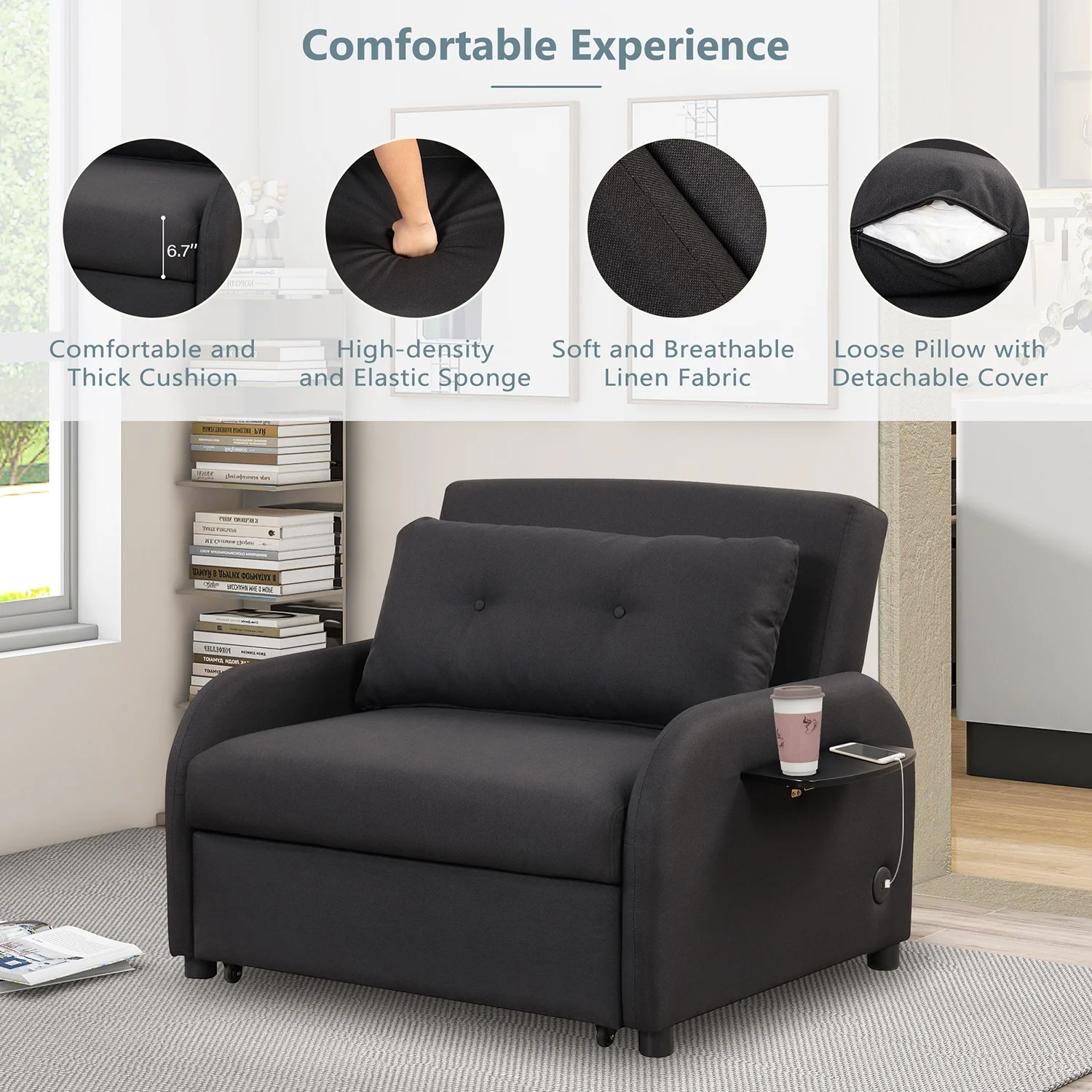 Churanty Sofa Bed Chair 3 in 1 Convertible Lounger Sleeper Single Recliner for Small Space with Adjustable Backrest,2 Wing Table Side Pocket and USB Charge,Black