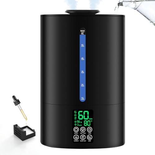 6L Humidifiers for Bedroom Large Room Home, Cool and Warm Humidifiers for Baby and Plants Mist Top Fill Desk Humidifiers Essential Oil Diffuser, Quiet with Adjustable Mist,360°Nozzle-Black