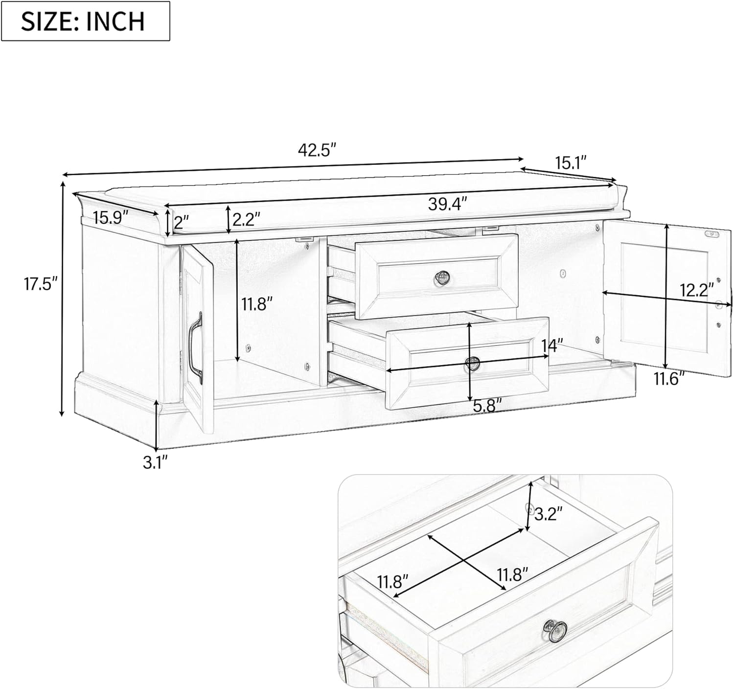 NicBex Storage Bench with 2 Drawers and 2 Cabinets Modern Seat Bench with Storage and Seating Bench,Shoe Storage Organizer with Removable Cushion for Living Room, Entryway, Black