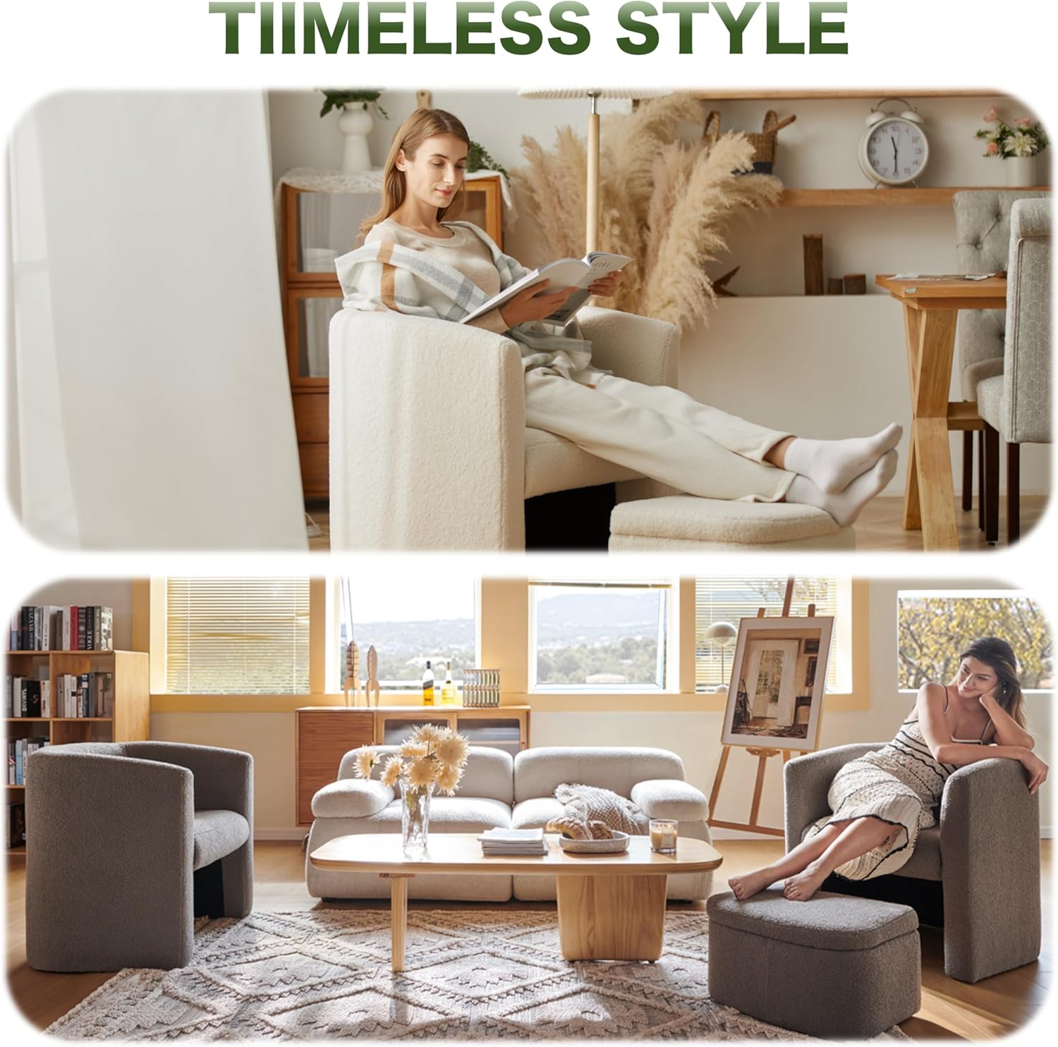 COLAMY Upholstered Barrel Chair Sherpa Fabric with Storage Ottoman Set, Modern Accent Lounge Armchair Club Chair Space-Saving for Living Room Bedroom Home Office, Cream - Set of 2