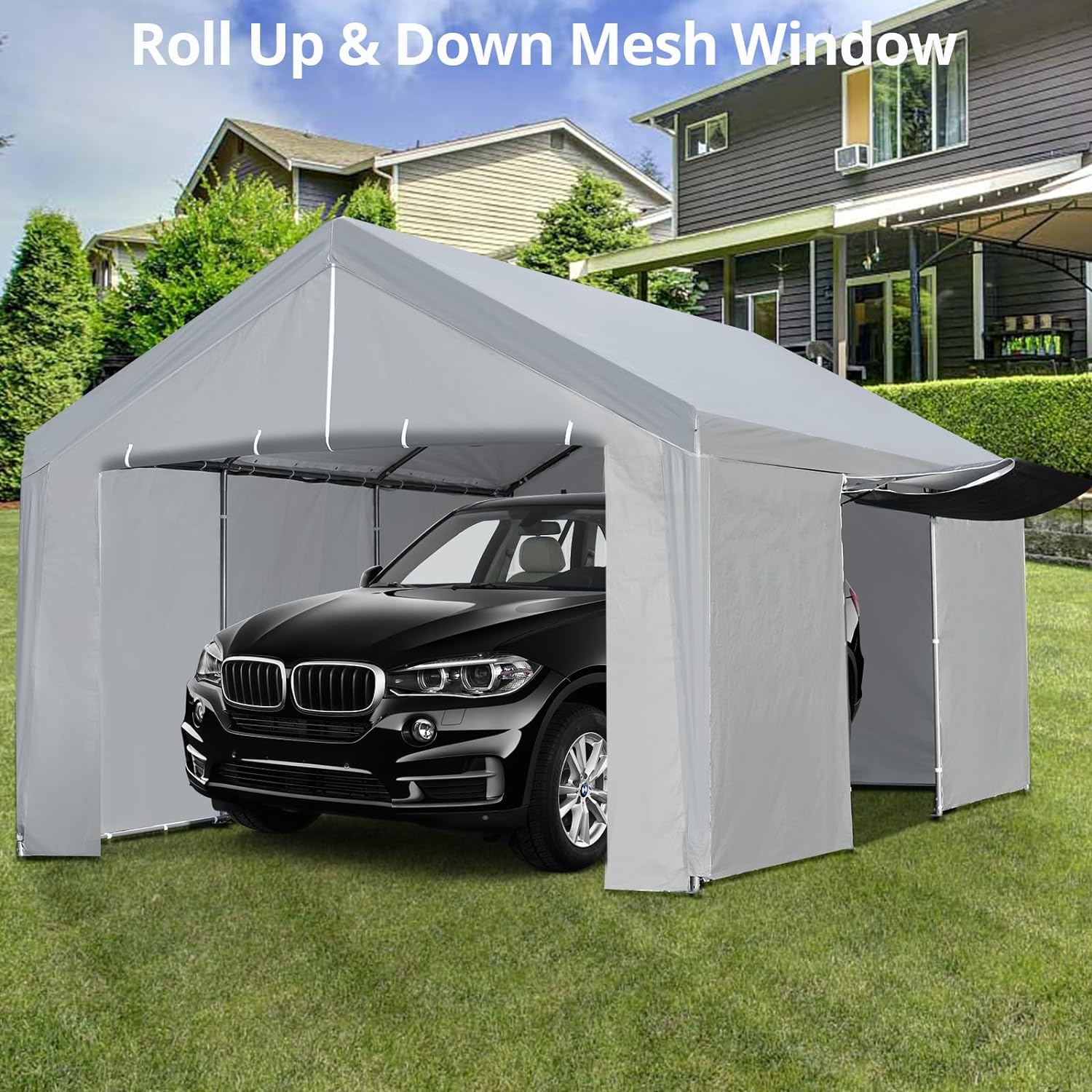 Carport 13×20 FT Heavy Duty Car Canopy Storage Shed, Portable Garage Party Tent with Removable Sidewall & Door, Reinforced Triangular Beam, Metal Frame, All-Season Tarp for Truck Shelter, Grey