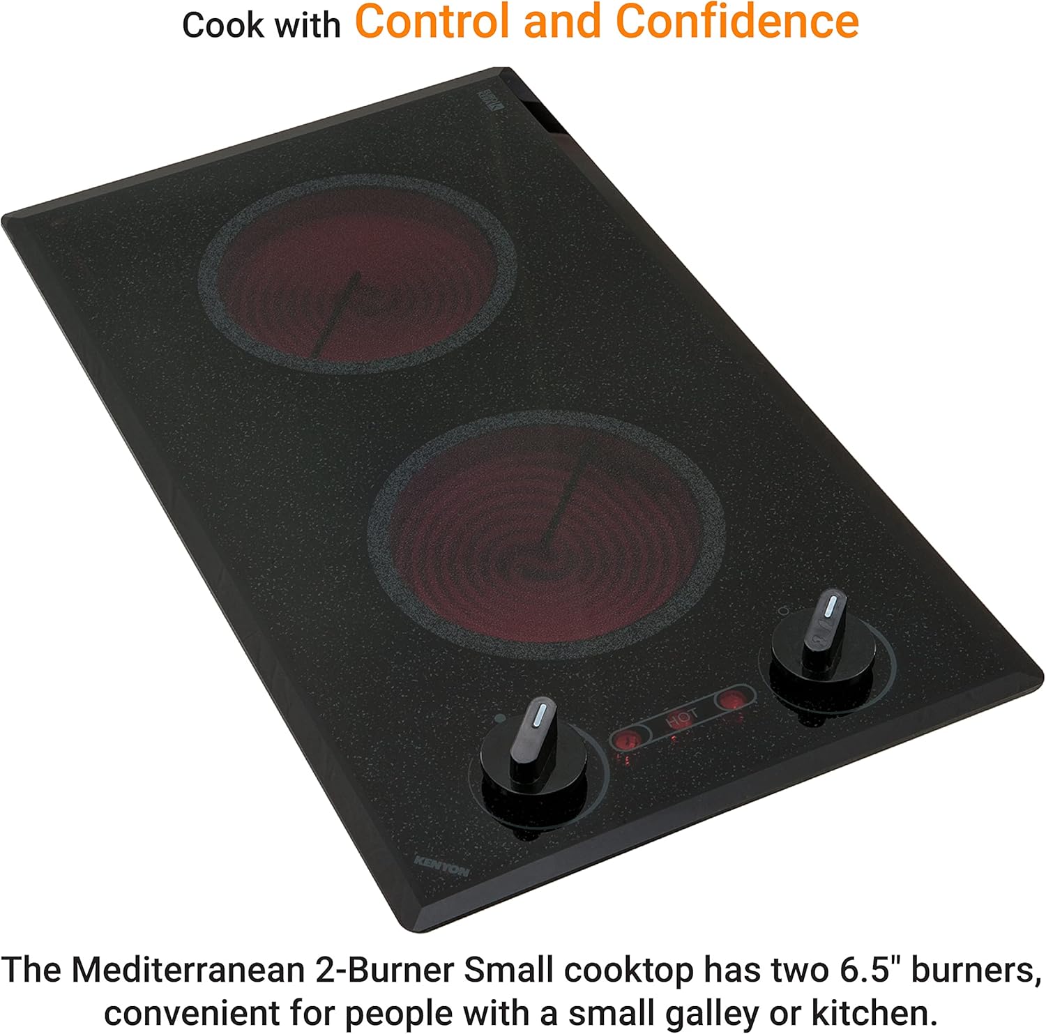 Kenyon Mediterranean 2-Burner Small Cooktop, Electric Cooktop for Energy-Efficient Cooking, Knob Control, Portrait Cooktop, 120-Volt, Black