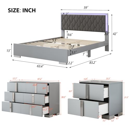 4-Piece Bedroom Furniture Set, Queen Wood Upholstered Bed with LED Lights, 2 Mirrored Nightstands, 6-Drawer Dresser with Metal Handles and Legs (Grey)