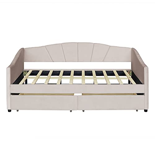 Harper & Bright Designs Twin Size Daybed, Upholstered Daybed with Two Storage Drawers, Wood Daybed Twin Size, Wood Slat Support Day Bed Frame, No Box Spring Needed, Easy Assembly, Beige
