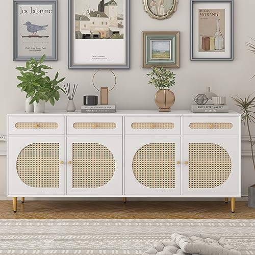 Rattan Buffet Sideboard Cabinet,4 Doors Storage Cabinet Console Table Decorative Cabinet with 4 Drawers, Adjustable Shelves for Kitchen Living Room Dining Room, White (White)