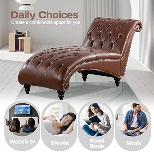 Modern Leather Lounge Chair with Nailhead Trim，Elegant Living Room Lounge Chair for Indoor Bedroom,Button Tufting Chaise Lounge Indoor. (Brown Leather)