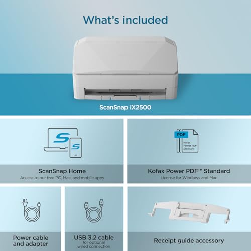 ScanSnap iX2500 Wireless or USB High-Speed Cloud Enabled Document, Photo & Receipt Scanner with Large Touchscreen and 100 Page Auto Document Feeder for Mac or PC, White