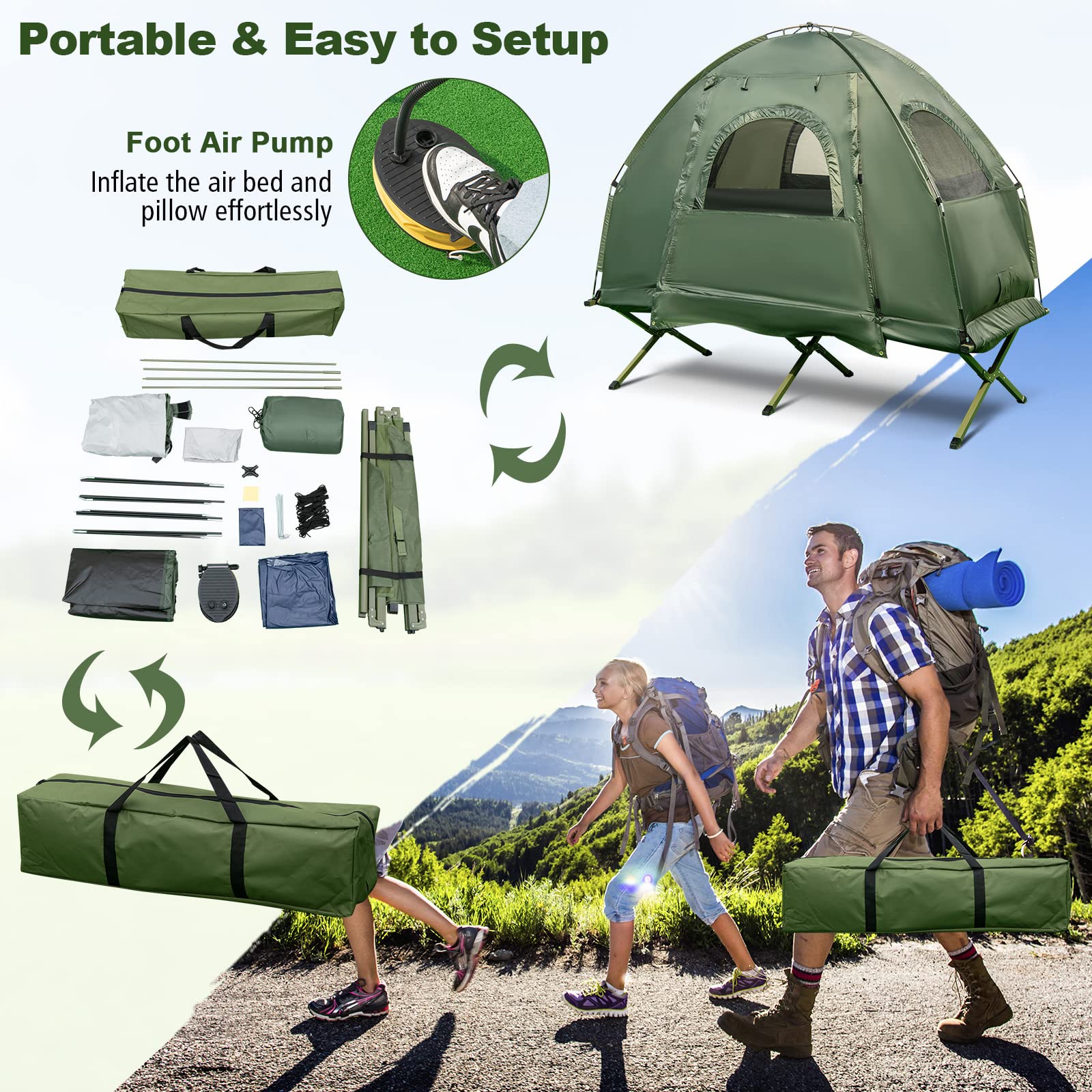 1-Person 5-in-1 Tent Cot, Camping Cot Tent with Air Mattress, Sleeping Bag, Camping Cot, Awning & Air Pillow, Carrying Bag, Off The Ground Tent, Elevated Tent Cot for Camping Hiking Picnic Travel