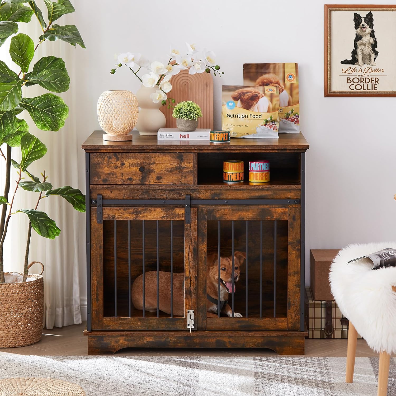 35.4 Inch Furniture Style Dog Crate with Sliding Barn Door and Storage Drawers, Wooden Dog Cage Furniture End Side Table, Chew-Resistant, Rustic Brown, 35.4" W x 23.6" D x 33.5" H