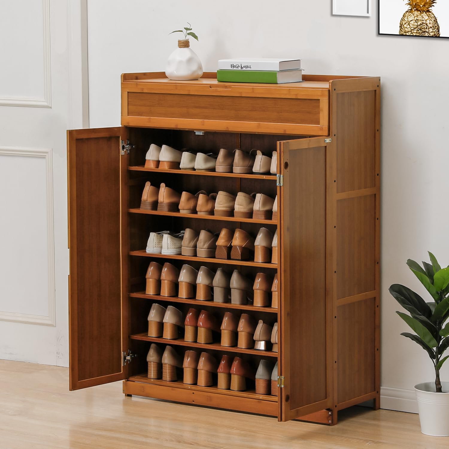 Magshion Bamboo 7-Tier Shoe Organizer Cabinet with Folding Door Compartment for Heels Boots, Hallway Entryway, Freestanding Shoe Cabinet Organizer for Convenient Shoe Organization (Brown)