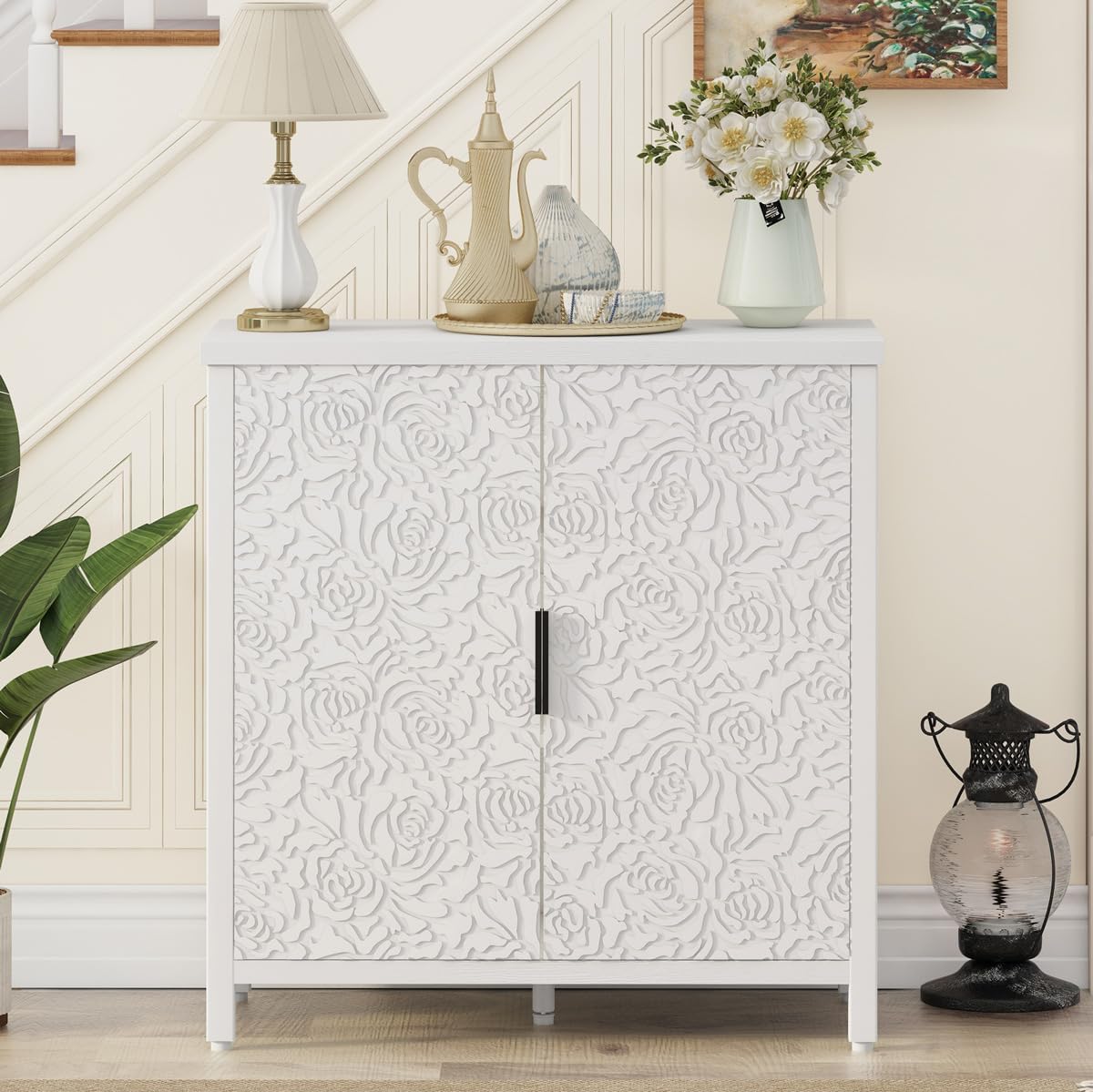 BON AUGURE Buffet Cabinet with Storage, Kitchen Sideboard Storage Cabinet with Doors and Shelves, Wood Credenza Coffee Bar Cabinet for Home, Modern Accent Cabinet for Entryway (White Floral)