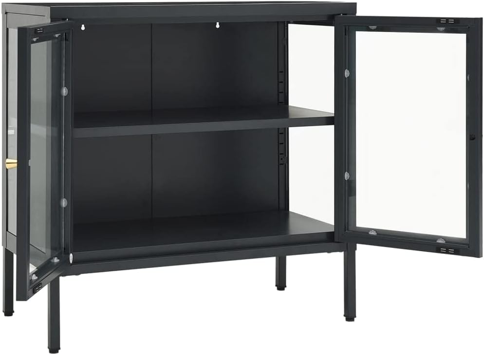 Asomie Sideboard Anthracite 27.6"x13.8"x27.6" Steel and Glass Home Furniture Cabinets Fashion Kitchen Indoor Storage Buffets Sideboards Storage Cabinet US Stock Fast Shipment Anthracite