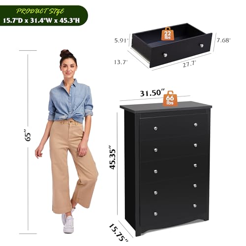 WLIVE Wood Dresser with 5 Drawers, Black Wooden Storage Cabinet, Organizer Drawers for Bedroom, Living Room, Hallway, Measuring 15.75" W * 31.50" D * 45.35" H ﻿