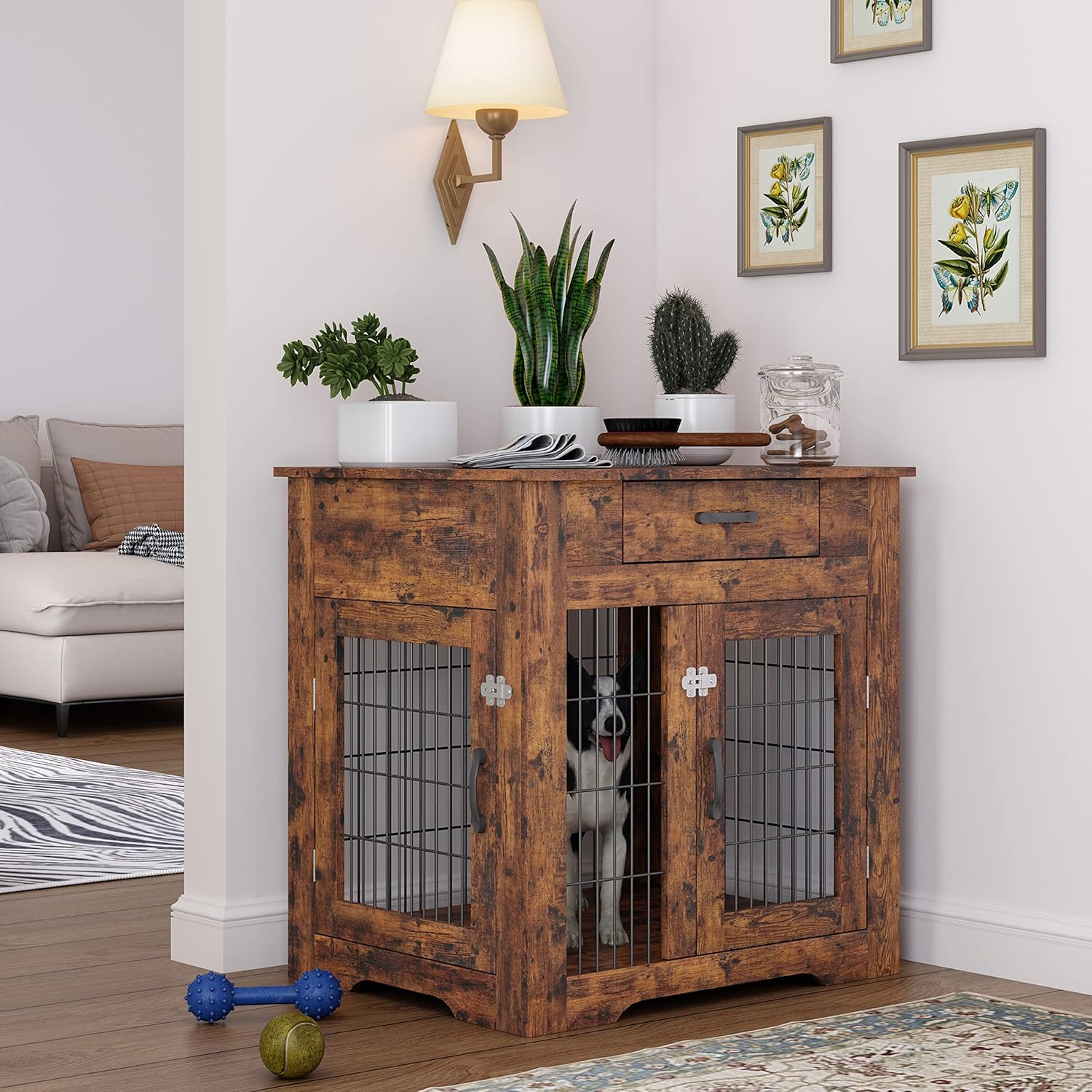 Furniture Style Dog Crate End Table with Drawer, Pet Kennels with Double Doors, Dog House Indoor Use. Rustic Brown, 29.92in W x 24.8in D x 30.71in H.