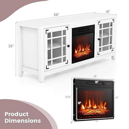 Tangkula Fireplace TV Stand for 65 Inches TVs, 58 Inch TV Console with Electric Fireplace Insert, Adjustable Shelves, Remote Control, 3-Level Flame Brightness, Entertainment Center for Living Room