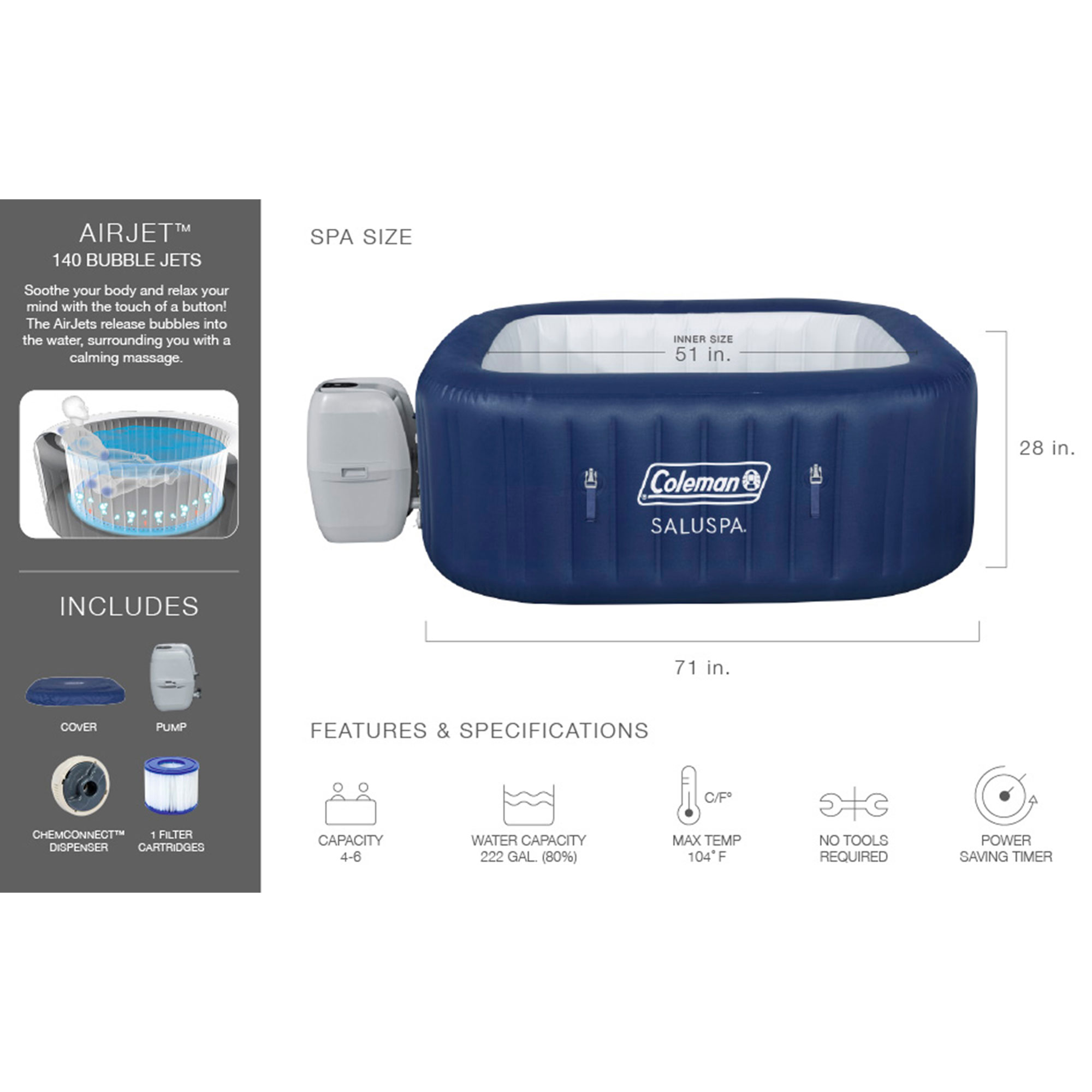 Coleman SaluSpa 4 Person Inflatable Hot Tub w/ Raising Balancing Chemicals
