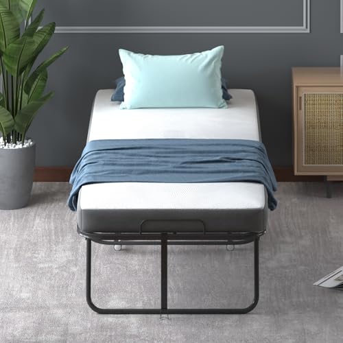 Folding Bed with Mattress for Adults, Portable Folding Bed with 4" Foam Mattress, Single Rollaway Beds with Metal Frame, Twin Size Foldable Bed Fold Away Bed Space Saving
