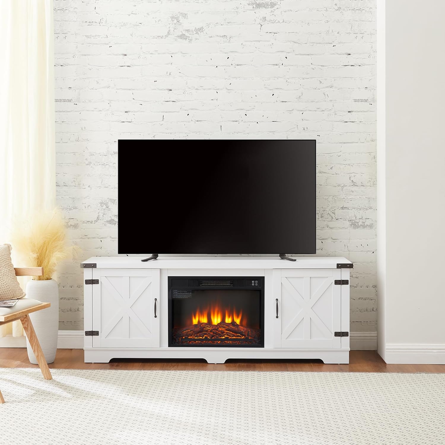 Modern Farmhouse TV Media Stand, Large Barn Inspired Home Entertainment Console, with 23" Fireplace Insert, for TV Up to 70", with Open Shelves and Closed Cabinets, White, 64.8" W*15.67" D*24.29" H
