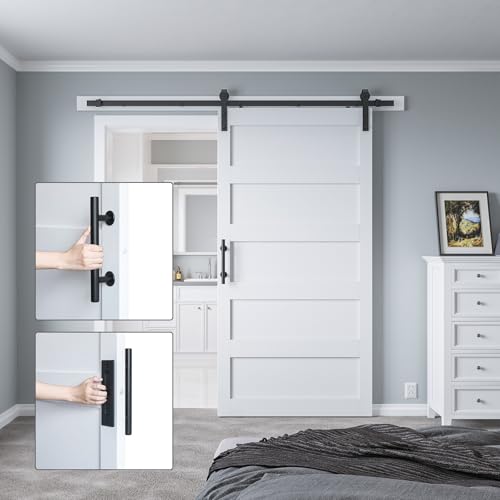 34in x 84in Sliding Barn Door with 6ft Barn Door Hardware Kit & Handle, Pre-Drilled Holes Easy Assembly -Solid Barn Door Slab Covered with Water-Proof PVC Surface, White, 5 Panel