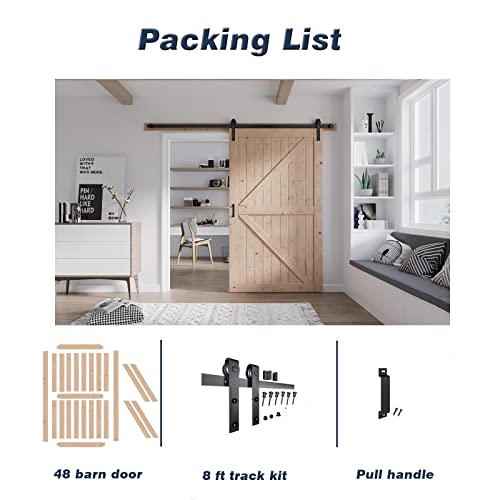 FREDBECK 48in x 80in Sliding Wood Barn Door with 8FT Barn Door Hardware Kit Included K Shape Solid Spruce Panel Sliding Door Double Surfaces Need to Assembly