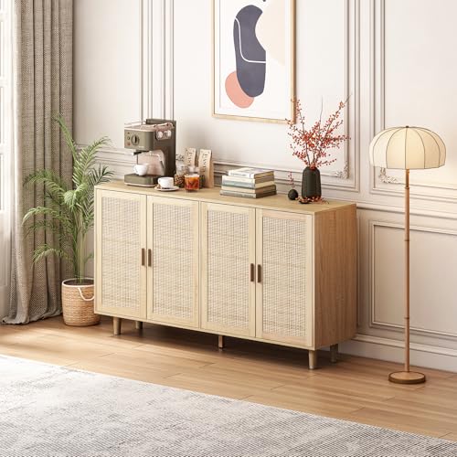 Sideboard Buffet Cabinet with Storage, Storage Cabinet with 4 Rattan Doors, Accent Cabinet with Iron Framework Feet, Sideboard Wooden Console Cabinets for Living Room, Kitchen (Natural)
