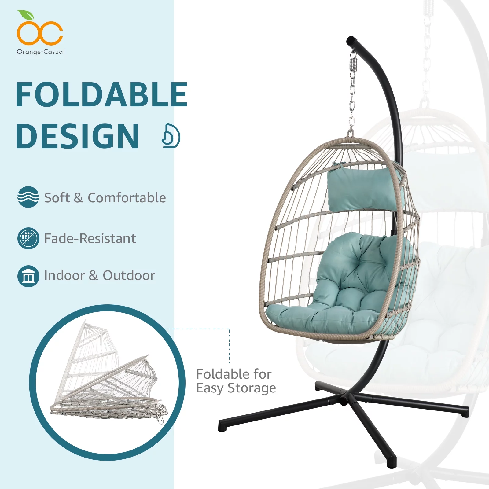 OC Orange-Casual Egg Chair with Stand and Cover, Patio Wicker Hanging Swing Chair, Indoor & Outdoor, Baby Blue