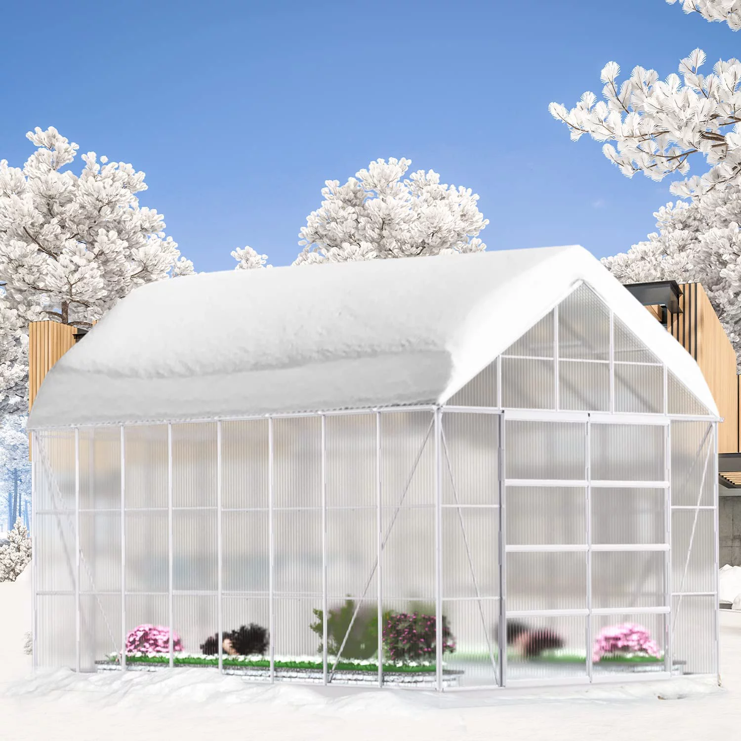 Mellcom 10' x 16' Walk-in Hobby Greenhouse, Outdoor Sliver Aluminum Frame Polycarbonate Green House with Adjustable Roof Vent
