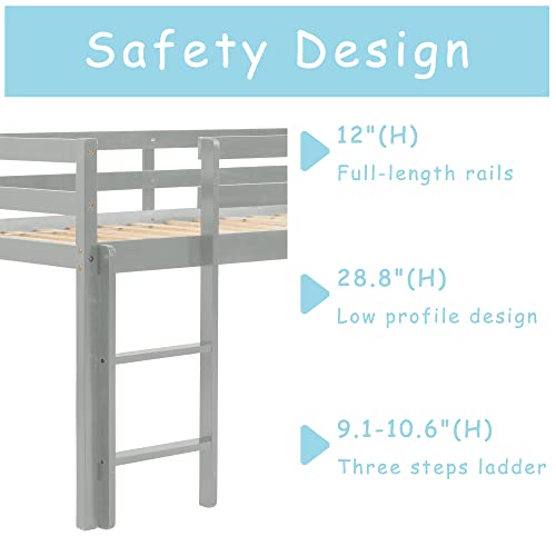 Tmosi Low Loft Bed Twin,Solid Wood Kids Twin Bed Frame with Ladders and Guard Rails,Space Saving Twin Size Loft Bed for Girl Boy,No Box Spring Needed,Easy to Assembly (Built-in Ladder-Grey)