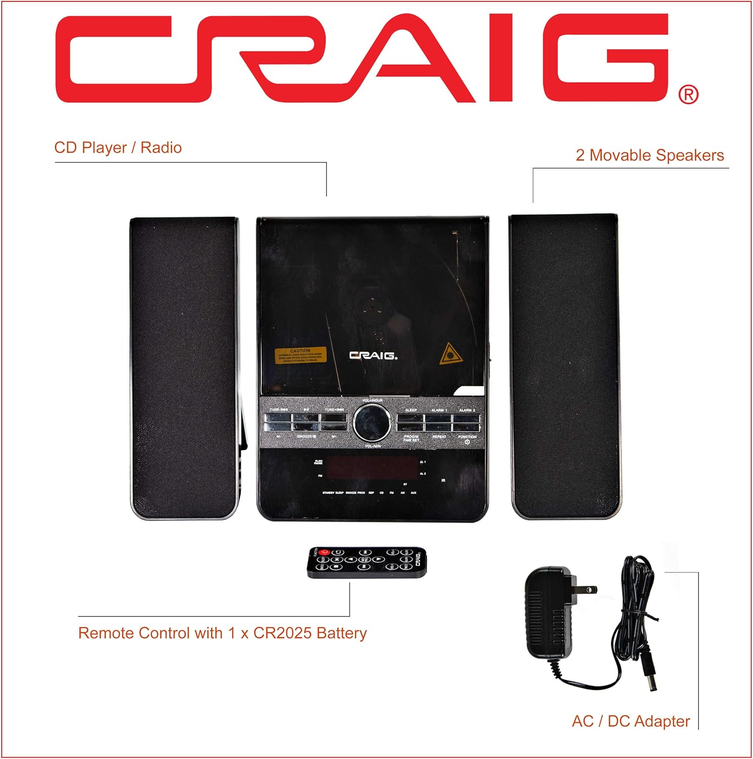 Craig Electronics CM427BT-BK Mini 3-Piece CD Shelf Stereo System with AM/FM Radio and Bluetooth Pack of 2