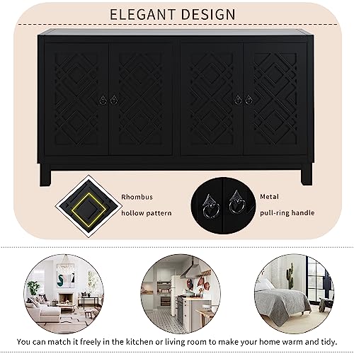 Merax Black Farmhouse Buffet Sideboard with Adjustable Shelves and 4 Doors Wood Coffee Bar Cabinet TV Stand for Living Room Bedroom Kitchen, 1 Set